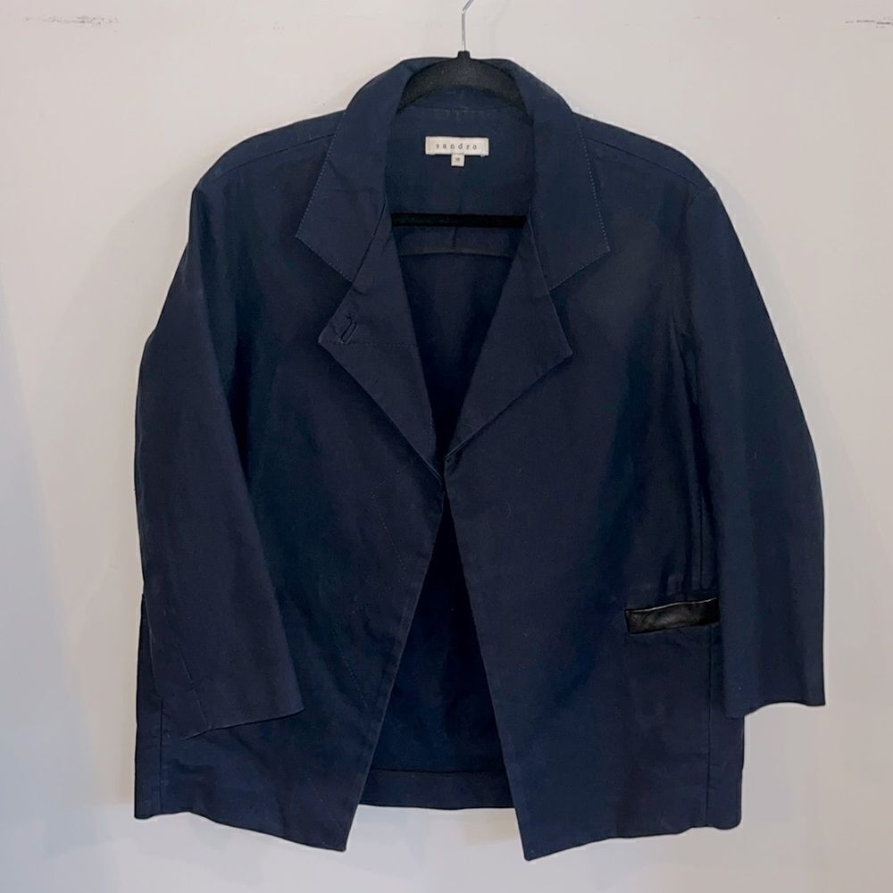 Sandro dark navy cotton blazer with black leather accents